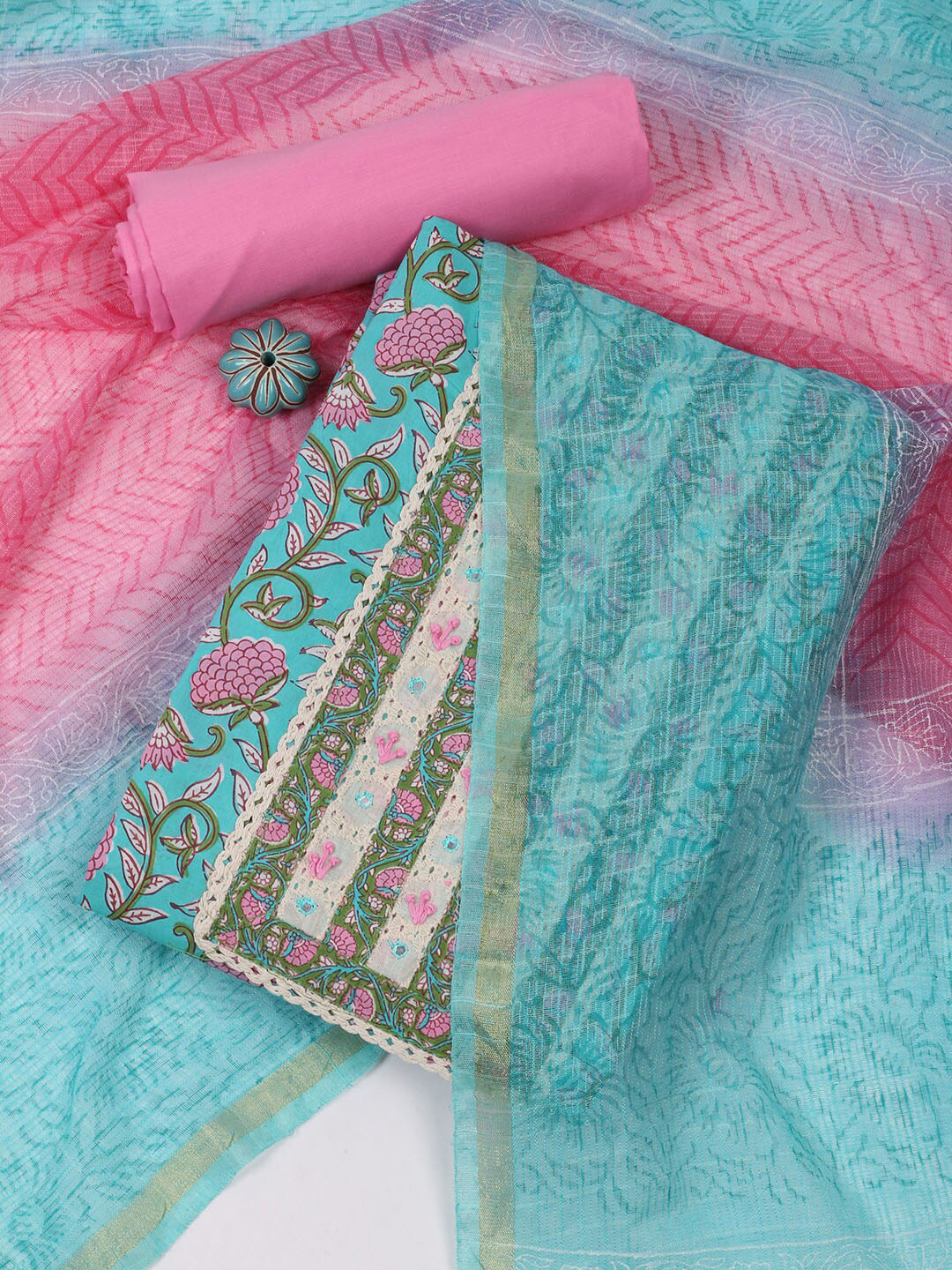 

Meena Bazaar Floral Printed Unstitched Dress Material, Sea green