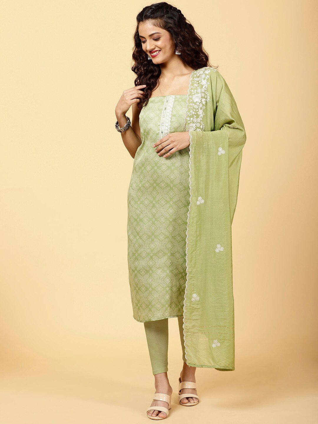 

Meena Bazaar Ethnic Motifs Printed Thread Work Unstitched Dress Material, Green