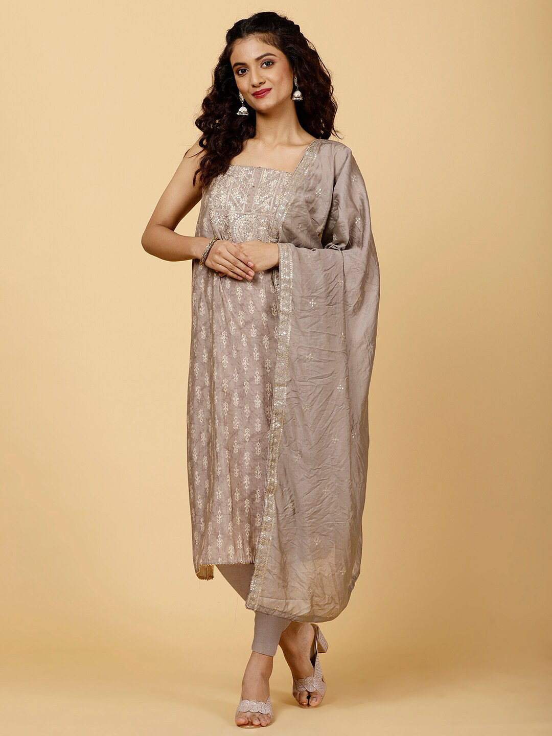 

Meena Bazaar Ethnic Motif Printed Thread Work Unstitched Dress Material, Grey