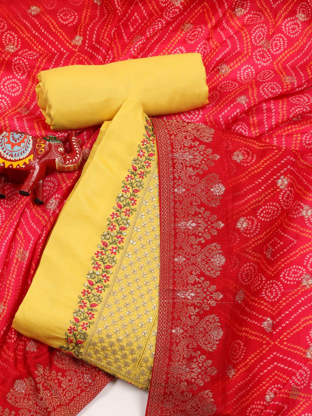 

Meena Bazaar Floral Embroidered Unstitched Dress Material, Yellow