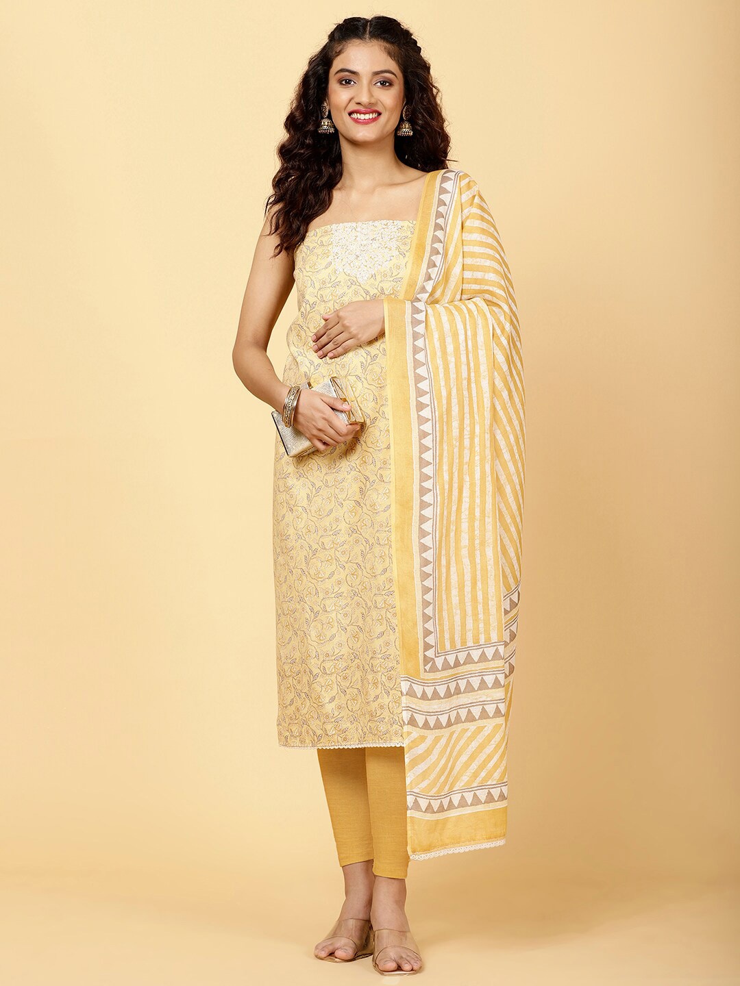 

Meena Bazaar Floral Printed Thread Work Unstitched Dress Material, Yellow