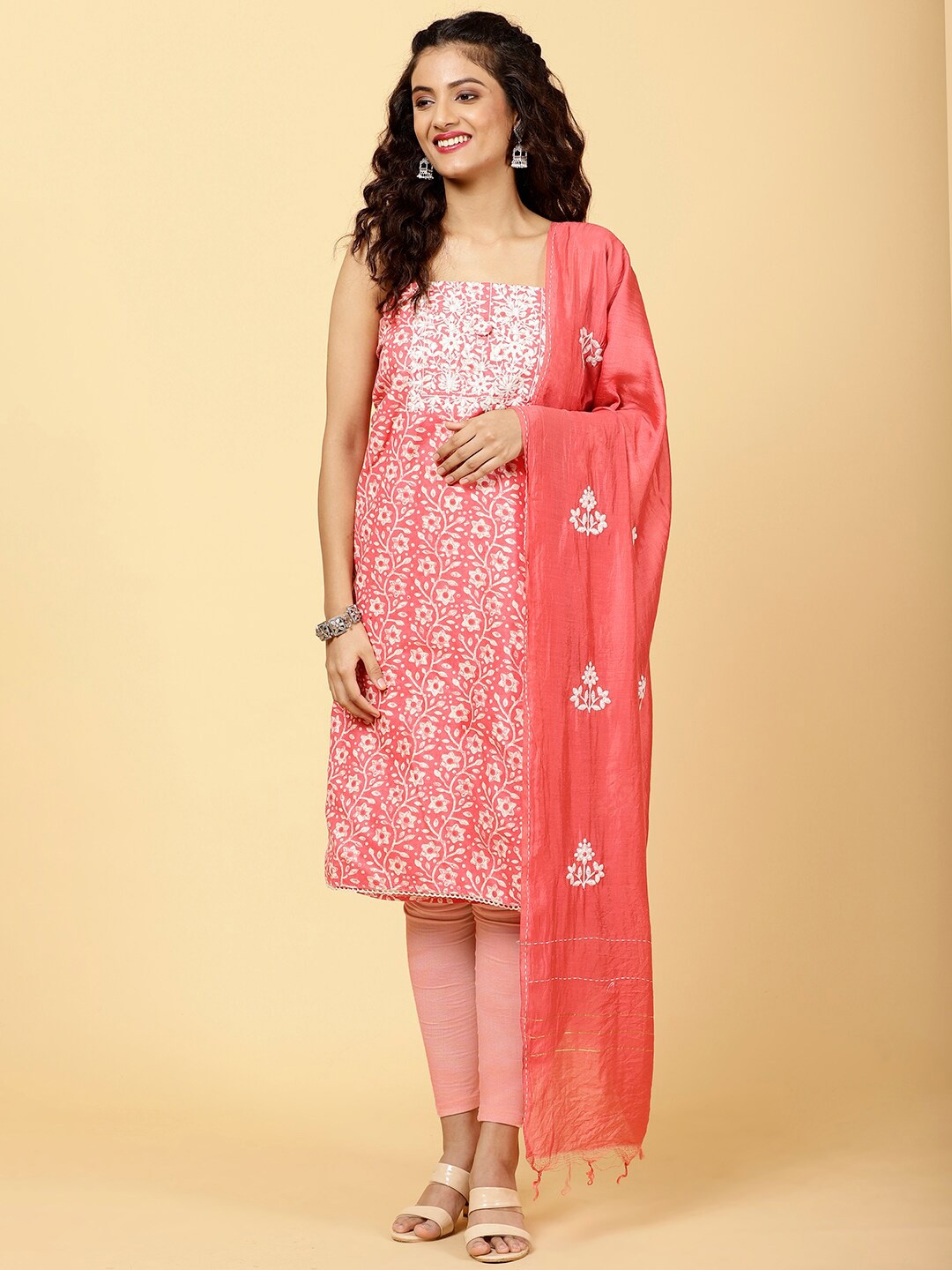 

Meena Bazaar Floral Printed Unstitched Dress Material, Pink