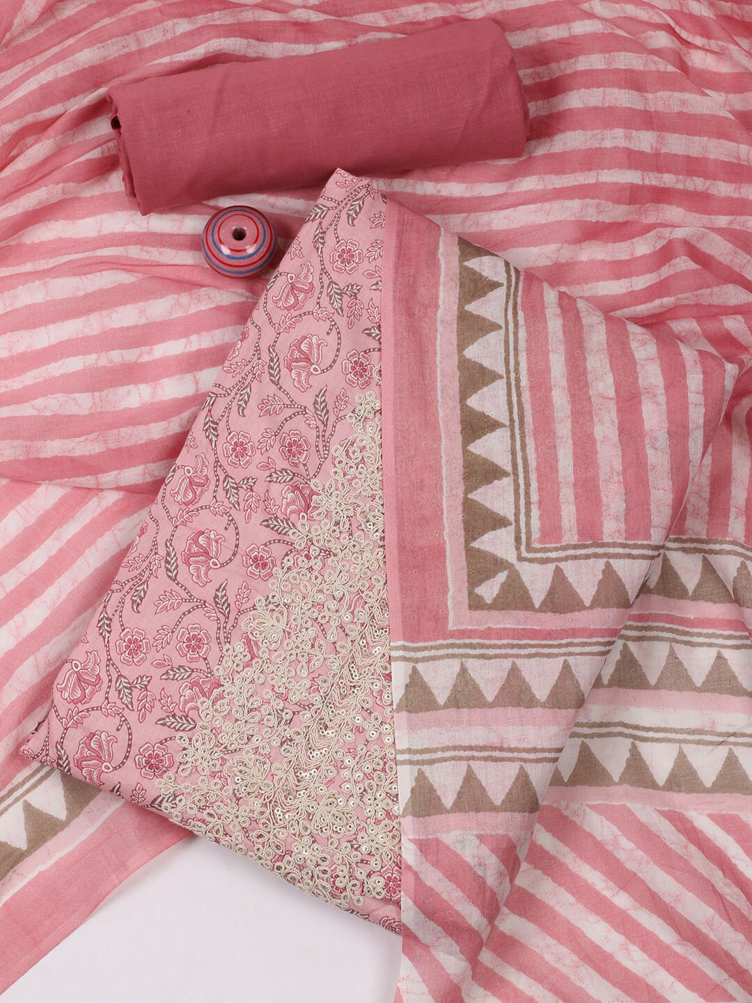 

Meena Bazaar Floral Printed Sequined Unstitched Dress Material, Pink