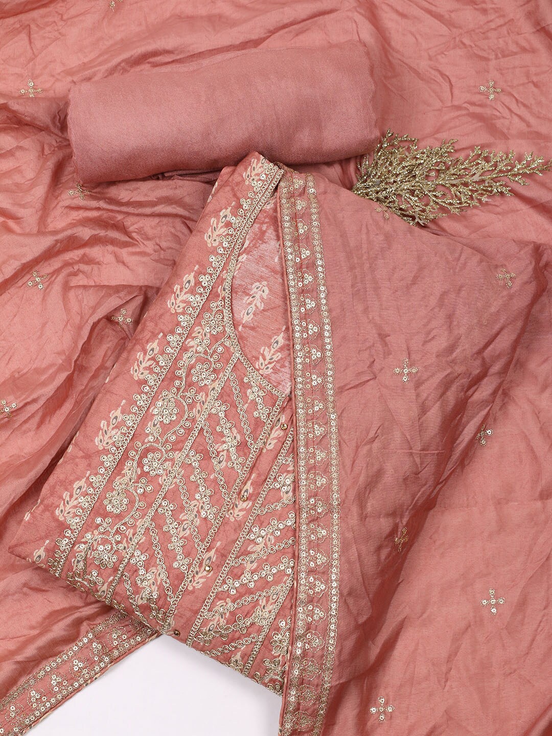 

Meena Bazaar Ethnic Motif Printed Thread Work Unstitched Dress Material, Peach