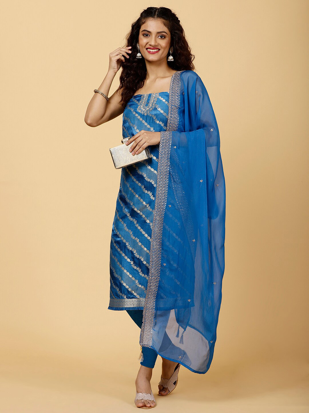 

Meena Bazaar Floral Woven Design Unstitched Dress Material, Teal