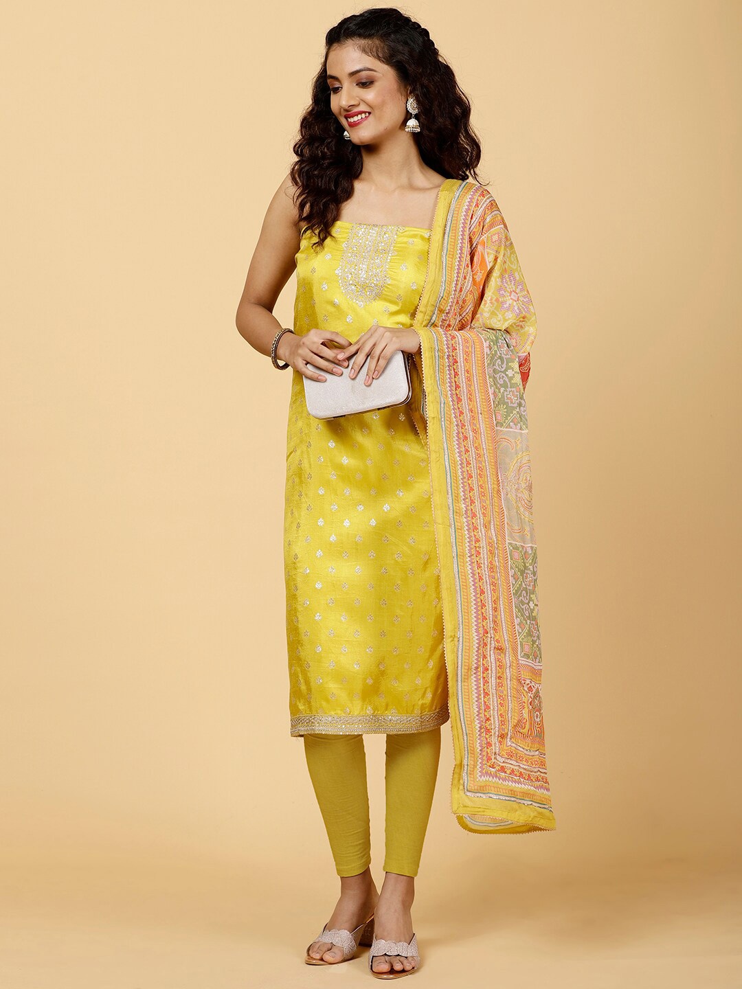 

Meena Bazaar Ethnic Motifs Woven Designed Sequined Unstitched Dress Material, Mustard