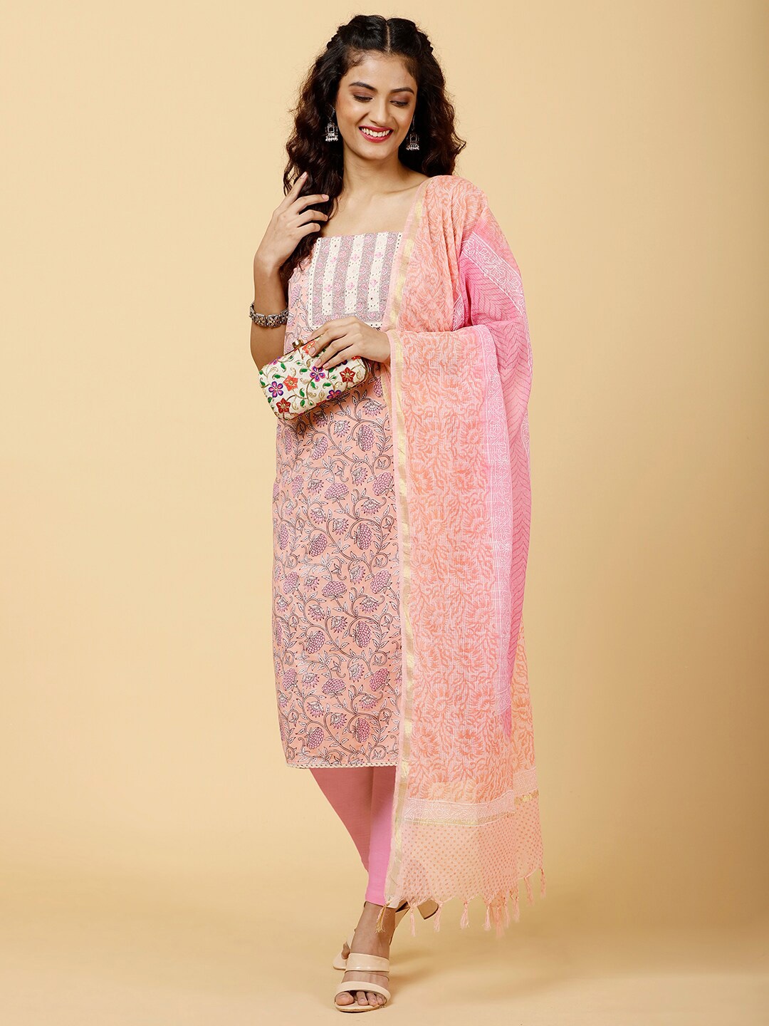 

Meena Bazaar Floral Printed Unstitched Dress Material, Peach
