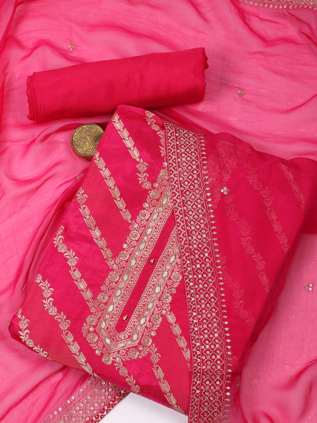 

Meena Bazaar Ethnic Motifs Woven Design Zari Unstitched Dress Material, Pink