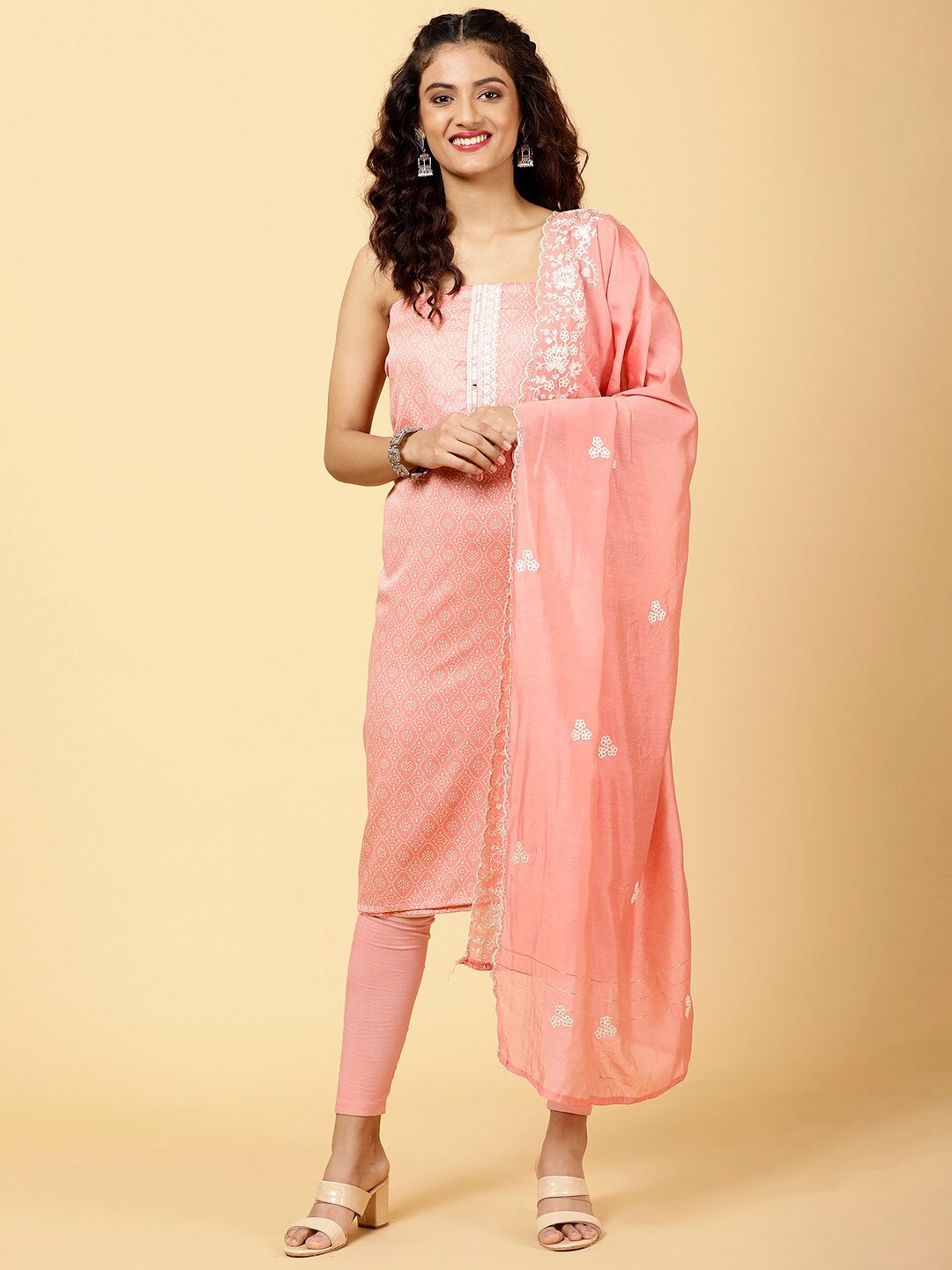

Meena Bazaar Ethnic Motifs Printed Unstitched Dress Material, Pink