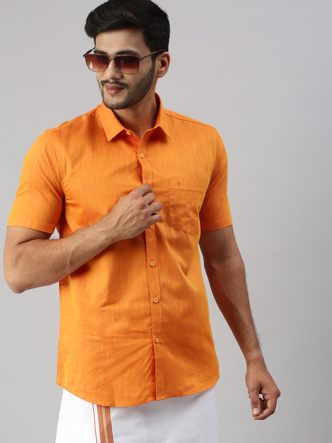 

Ramraj Men Solid Cotton Shirt with Dhoti Set, Orange