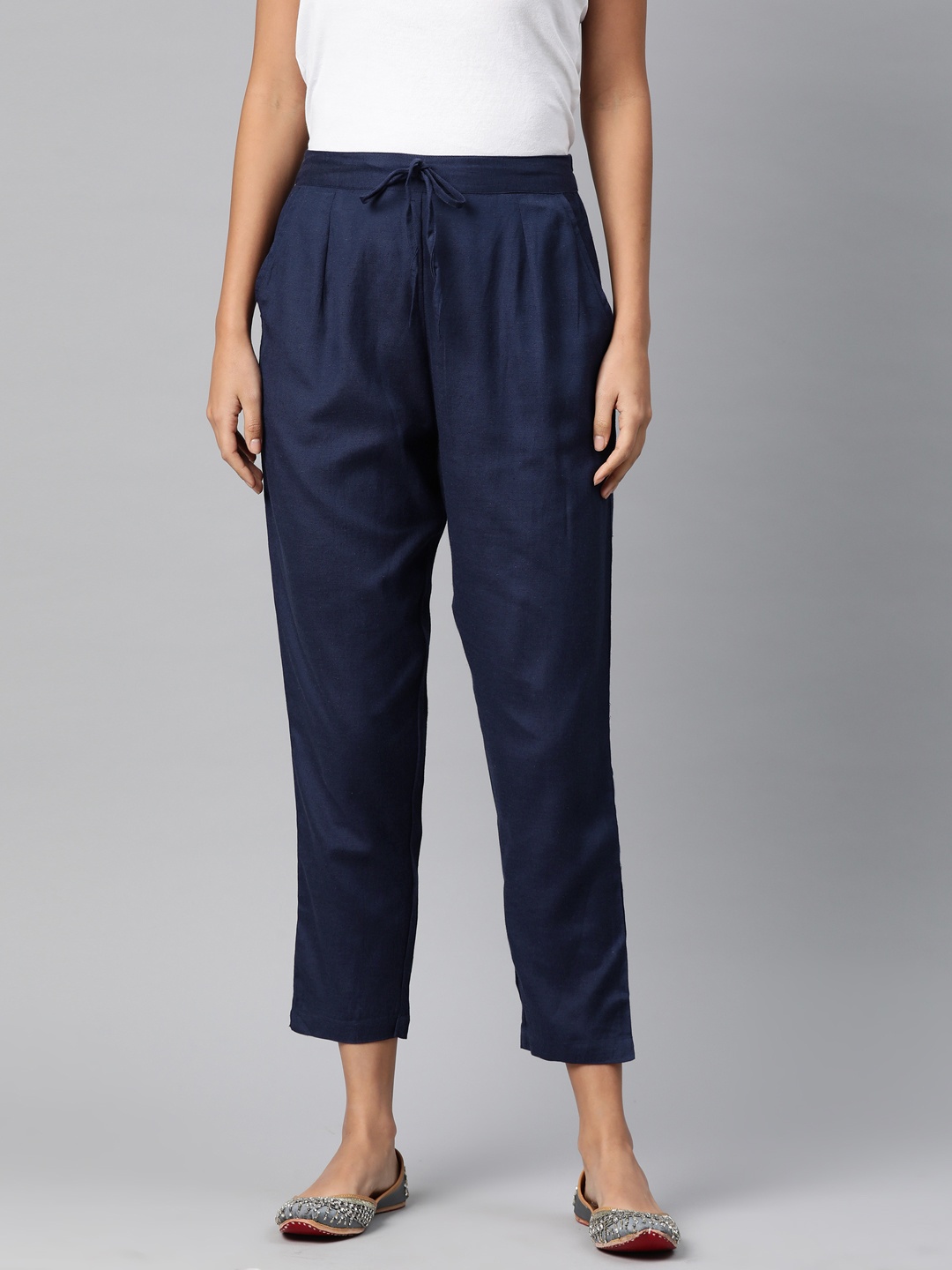 Readiprint Pleated Cropped Trousers, Navy blue