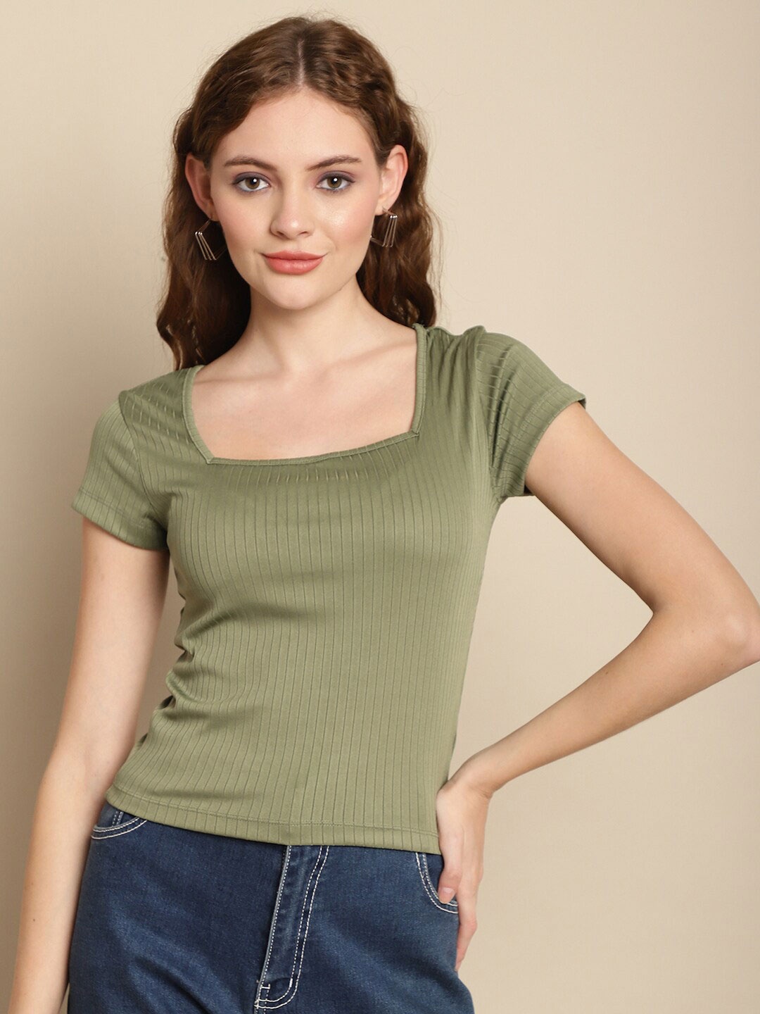 

NoBarr Ribbed Square Neck Top, Green