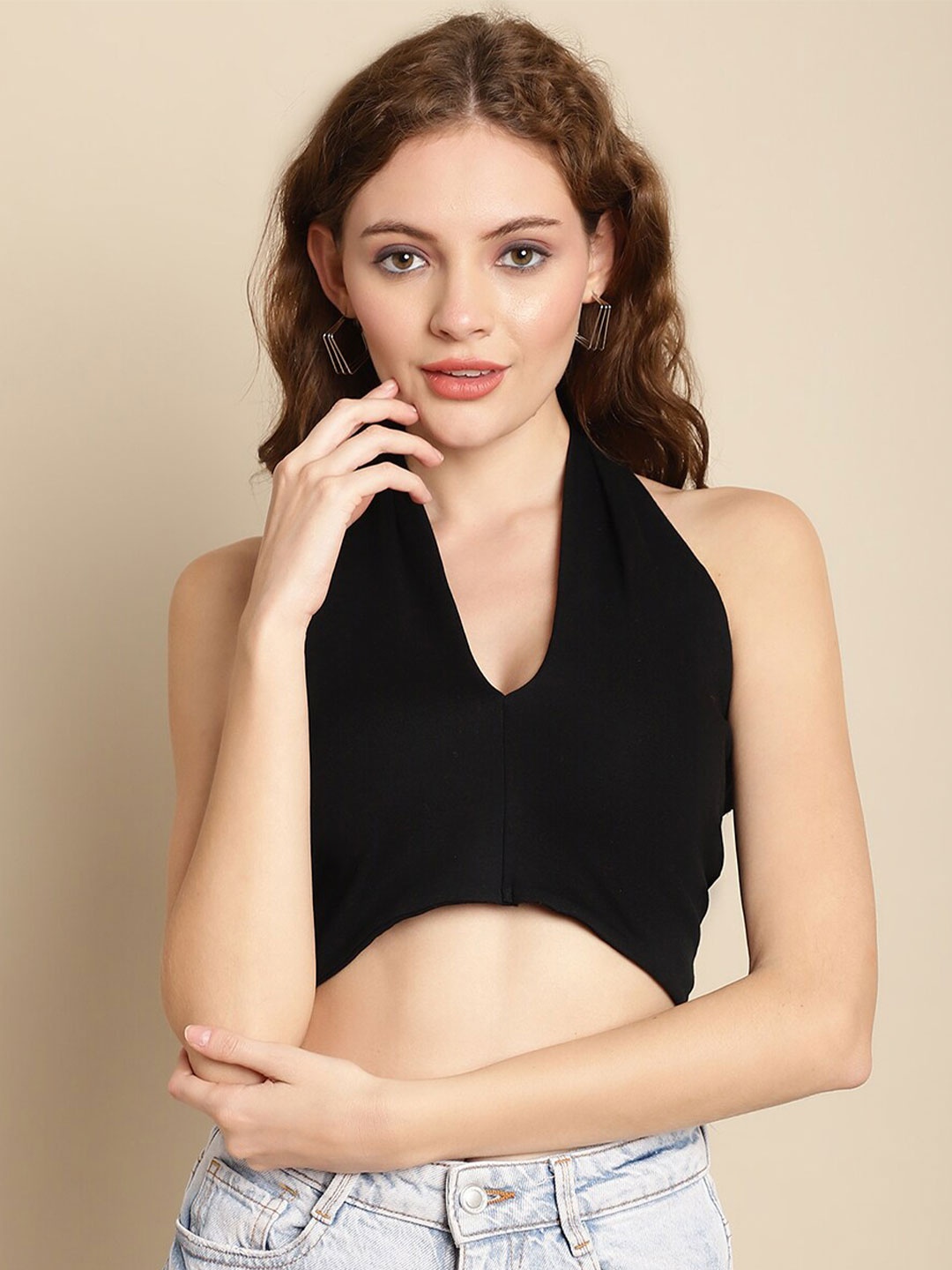 

NoBarr Halter Neck Fitted Crop Top, Black