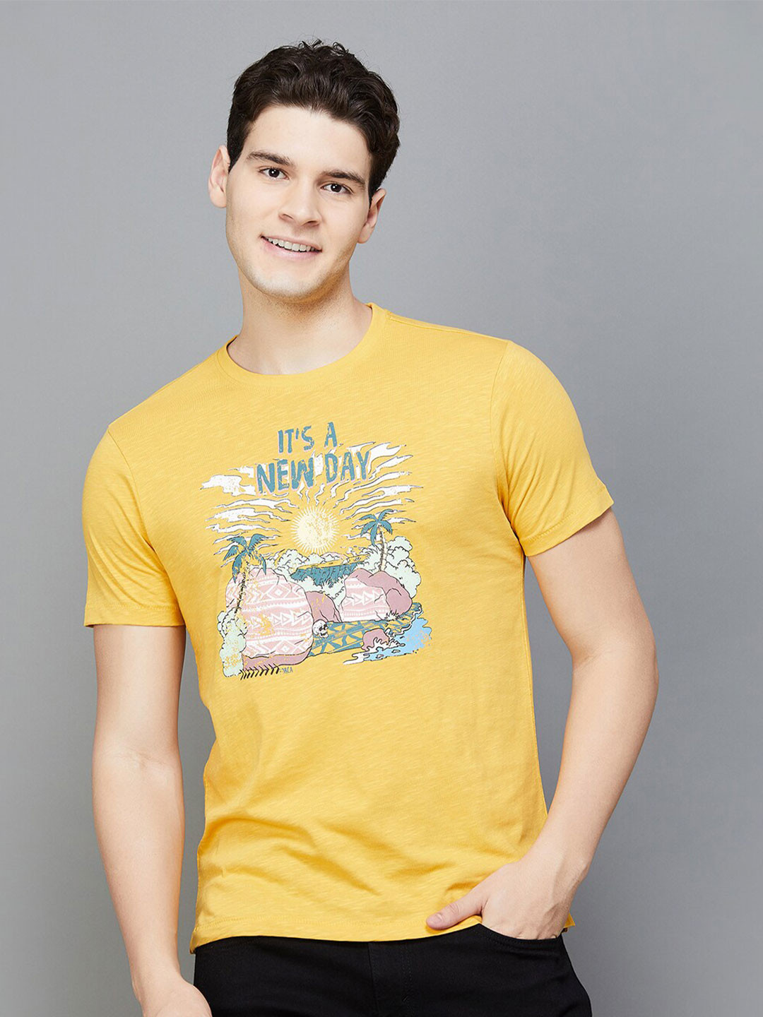 

Forca by Lifestyle Men Slim Fit Graphic Printed Cotton Casual T-shirt, Yellow