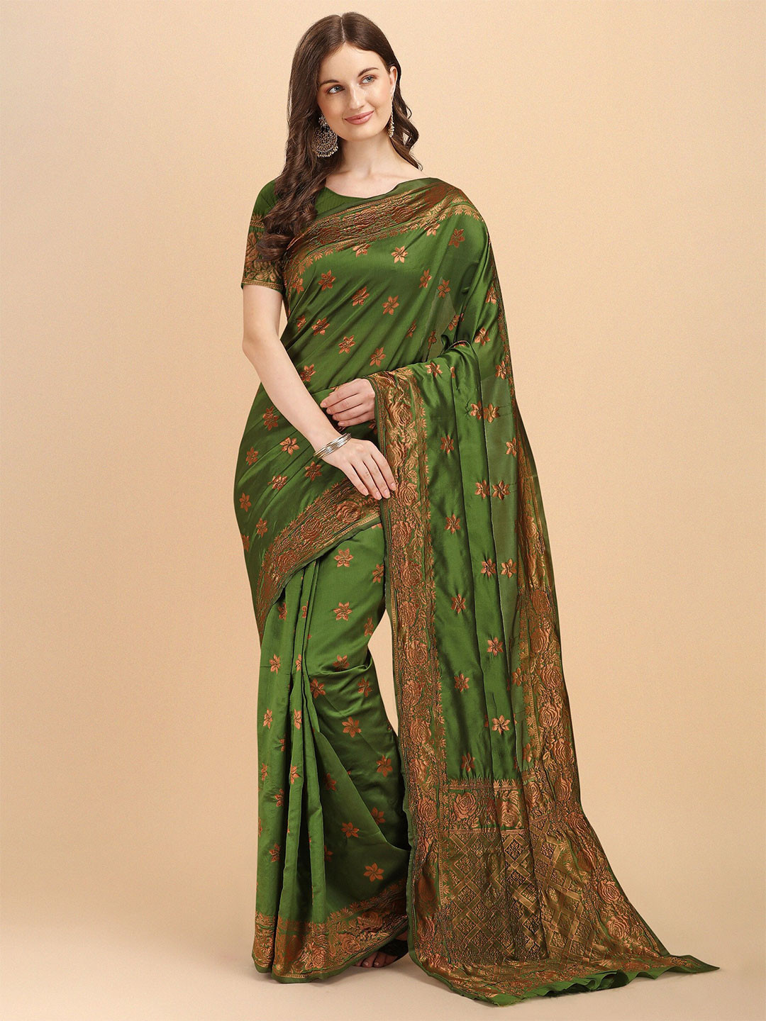 

Fashion Booms Floral Woven Design Zari Banarasi Saree, Olive