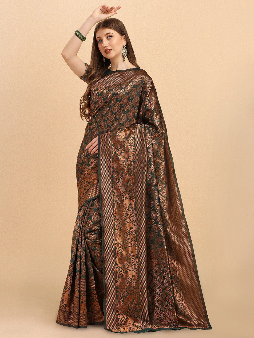 

Fashion Booms Ethnic Motifs Woven Design Zari Banarasi Saree, Green