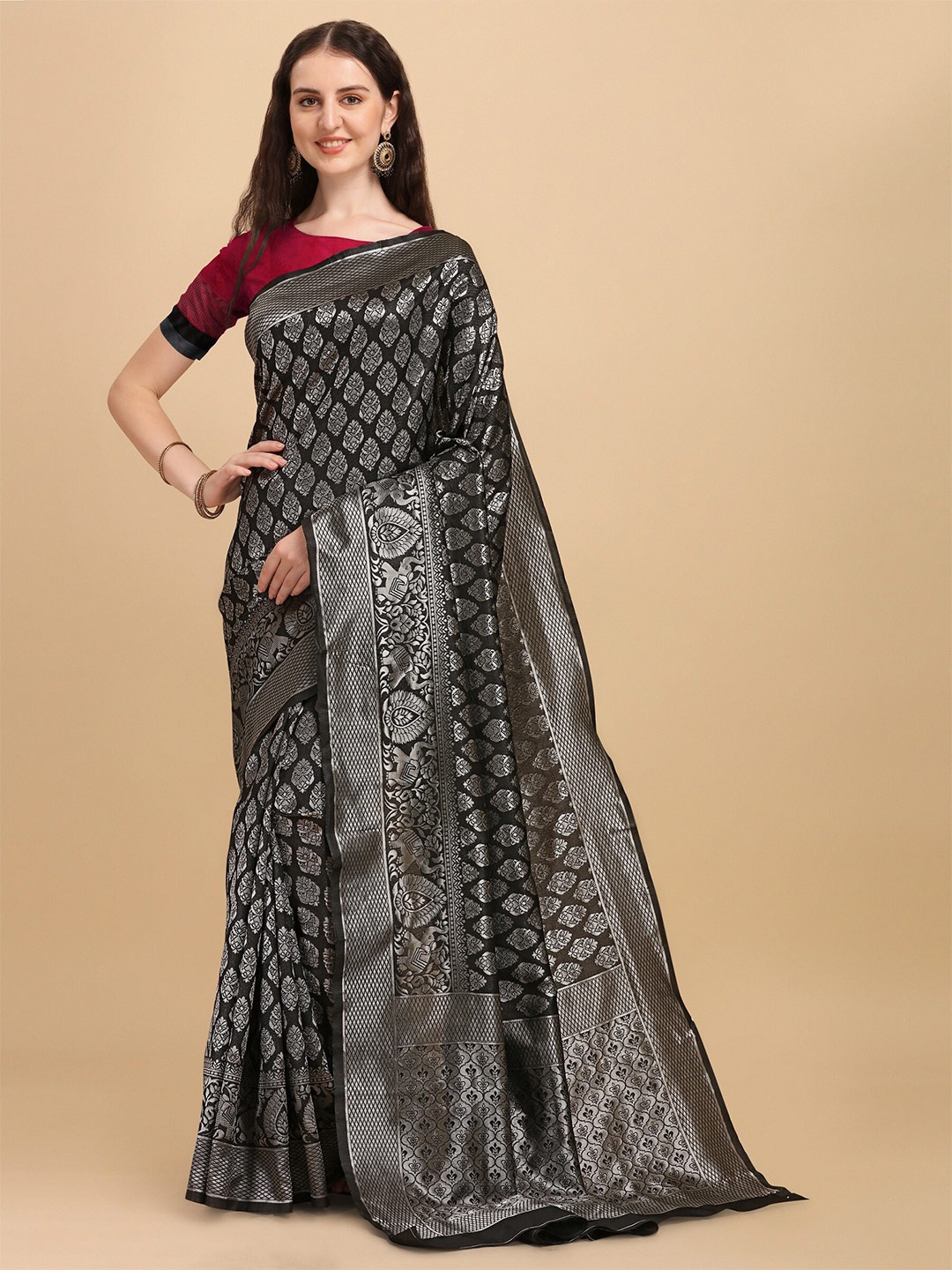

Fashion Booms Ethnic Motifs Woven Design Zari Banarasi Saree, Black