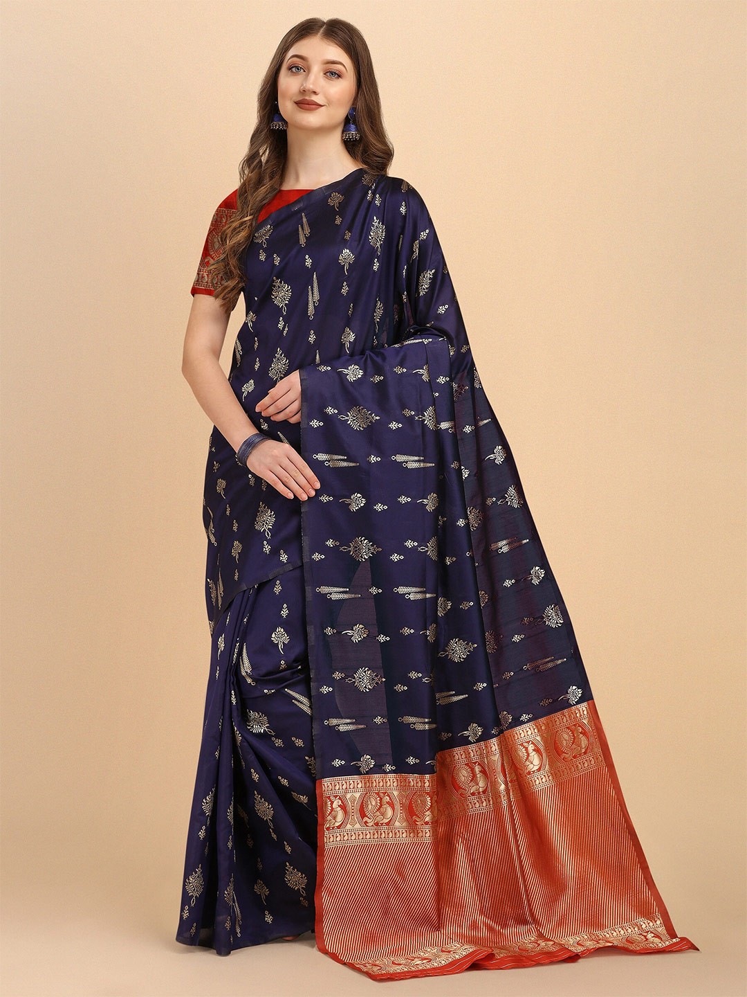 

Fashion Booms Woven Design Zari Art Silk Kanjeevaram Saree, Navy blue