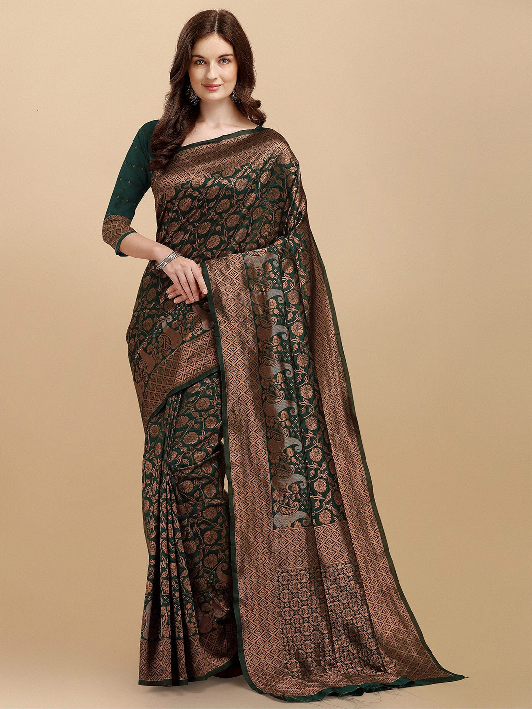 

Fashion Booms Floral Woven Design Zari Saree, Green