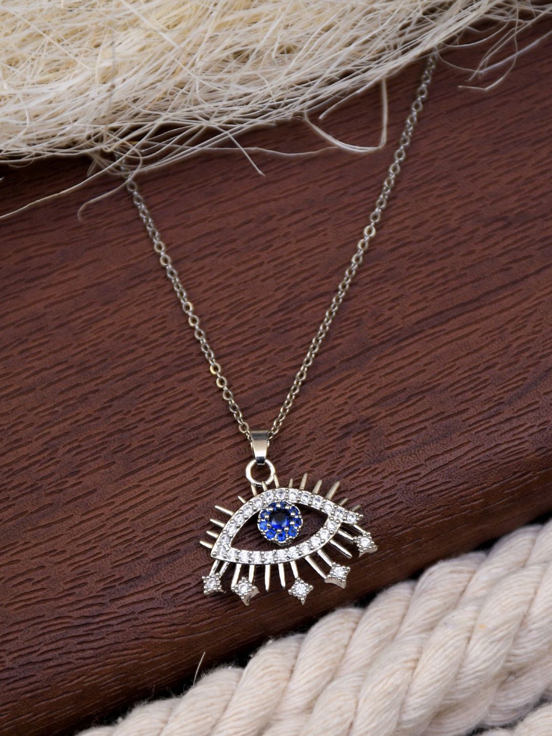 

Crunchy Fashion Rhodium-Plated Evil Eye Pendant With Chain, Navy blue