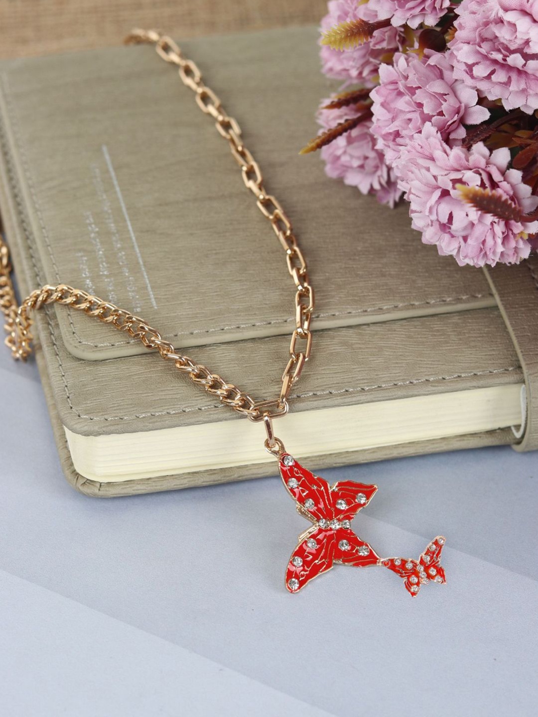 

Crunchy Fashion Gold-Plated Stone-Studded Pendant With Chain, Red