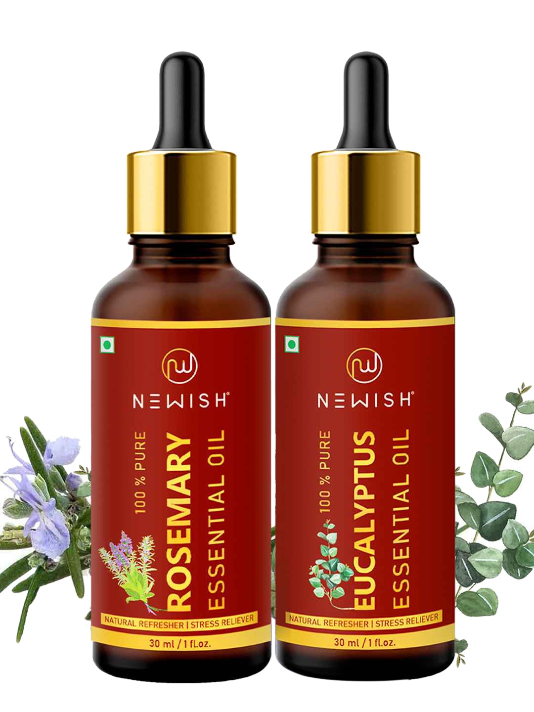 

NEWISH Set of Rosemary & Eucalyptus Pure Essential Oil - 30 ml each, Red