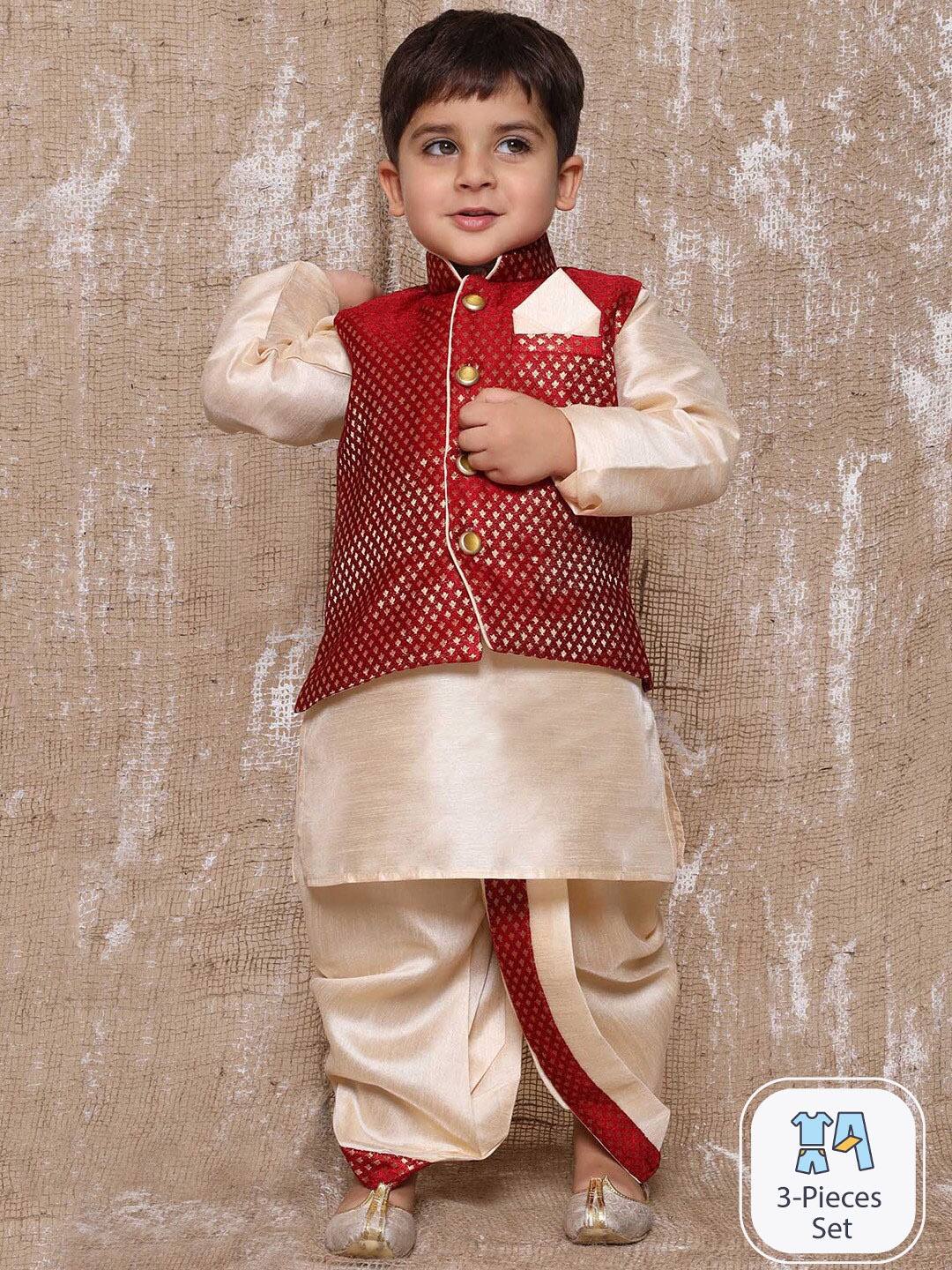 

Aj DEZInES Boys Mandarin Collar Raw Silk Kurta with Dhoti Pants & Nehru jacket, Maroon