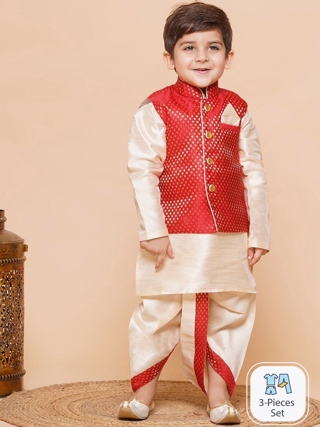 

Aj DEZInES Boys Mandarin Collar Raw Silk Kurta with Dhoti Pants & Nehru jacket, Red