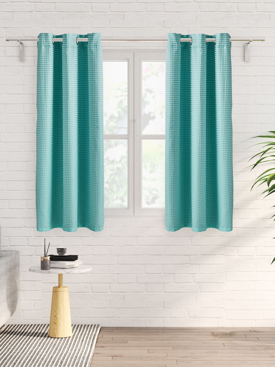 

Home Centre Teal & White 2-Pieces Geometric Jacquard Room Darkening Window Curtains