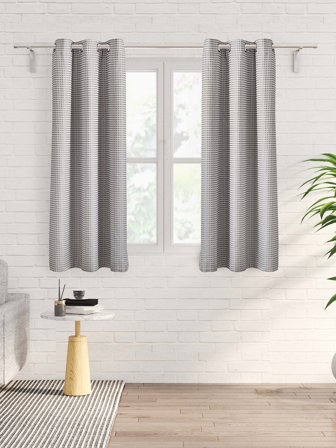 

Home Centre Grey & White 2-Pieces Geometric Jacquard Room Darkening Window Curtains