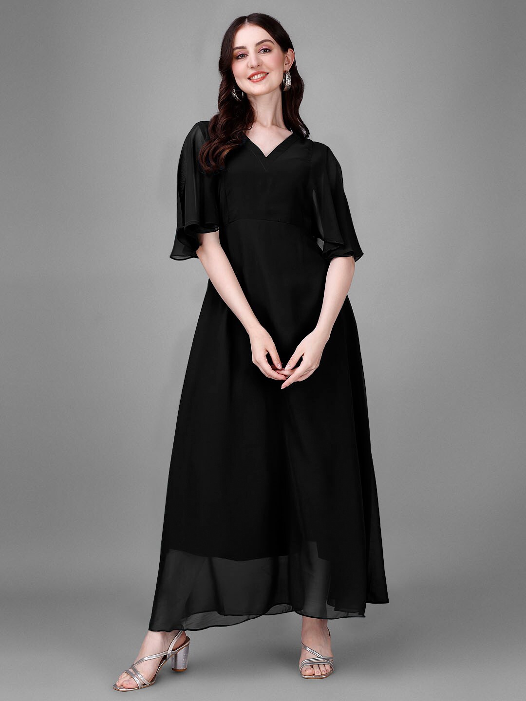 

Femvy V-Neck Flared Sleeve Gathered Georgette Maxi Dress, Black