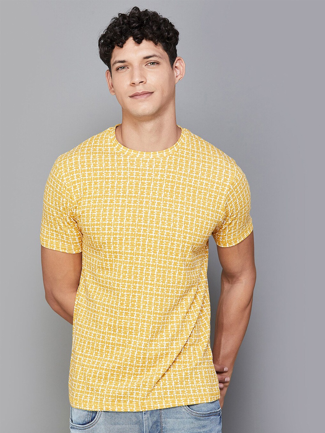 

Melange by Lifestyle Abstract Printed Round Neck Regular Fit Cotton T-Shirt, Yellow