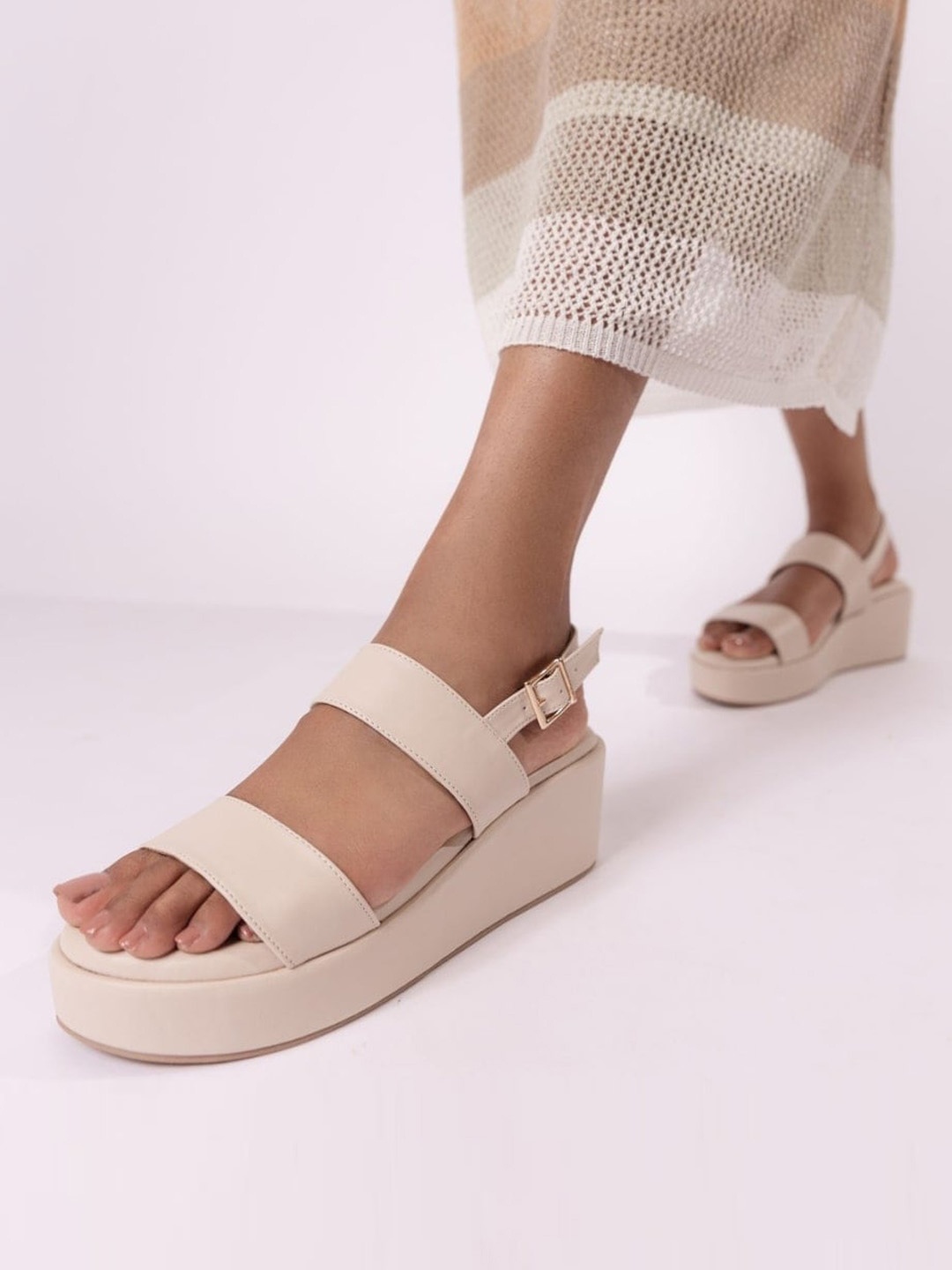 

CAI Open Toe Platfrom Heels with Buckles, Cream