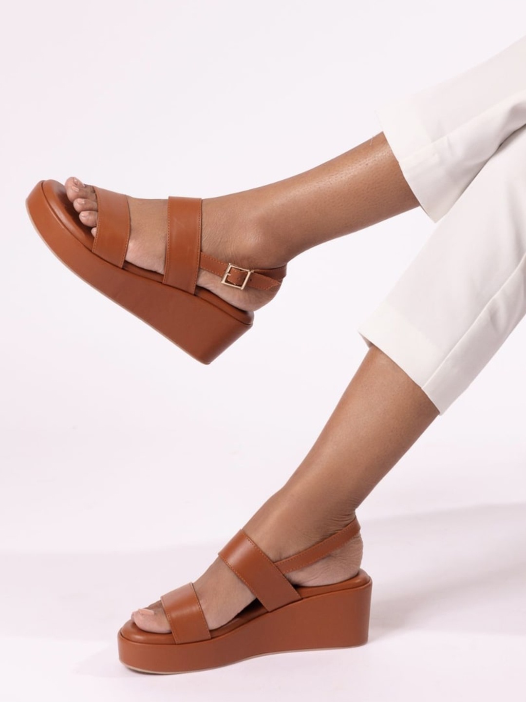 

CAI Open Toe Platfrom Heels with Buckles, Tan