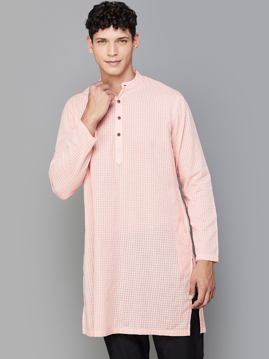 

Melange by Lifestyle Checked Woven Design Mandarin Collar Long Sleeves Cotton Kurta, Coral