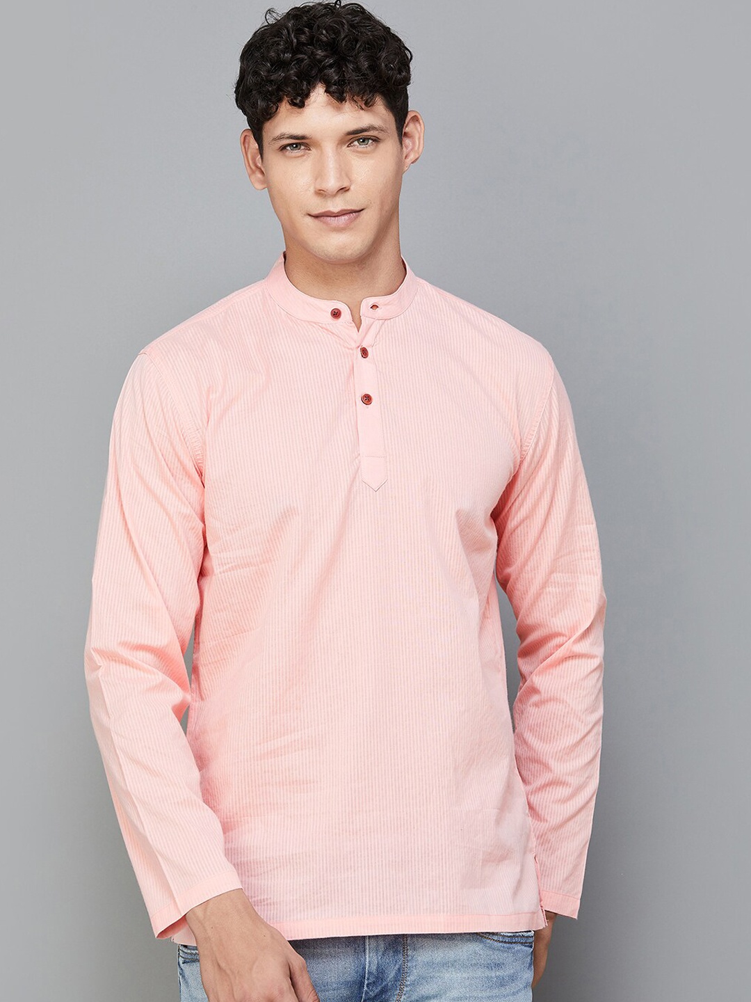 

Melange by Lifestyle Mandarin Collar Long Sleeves Cotton Kurta, Peach