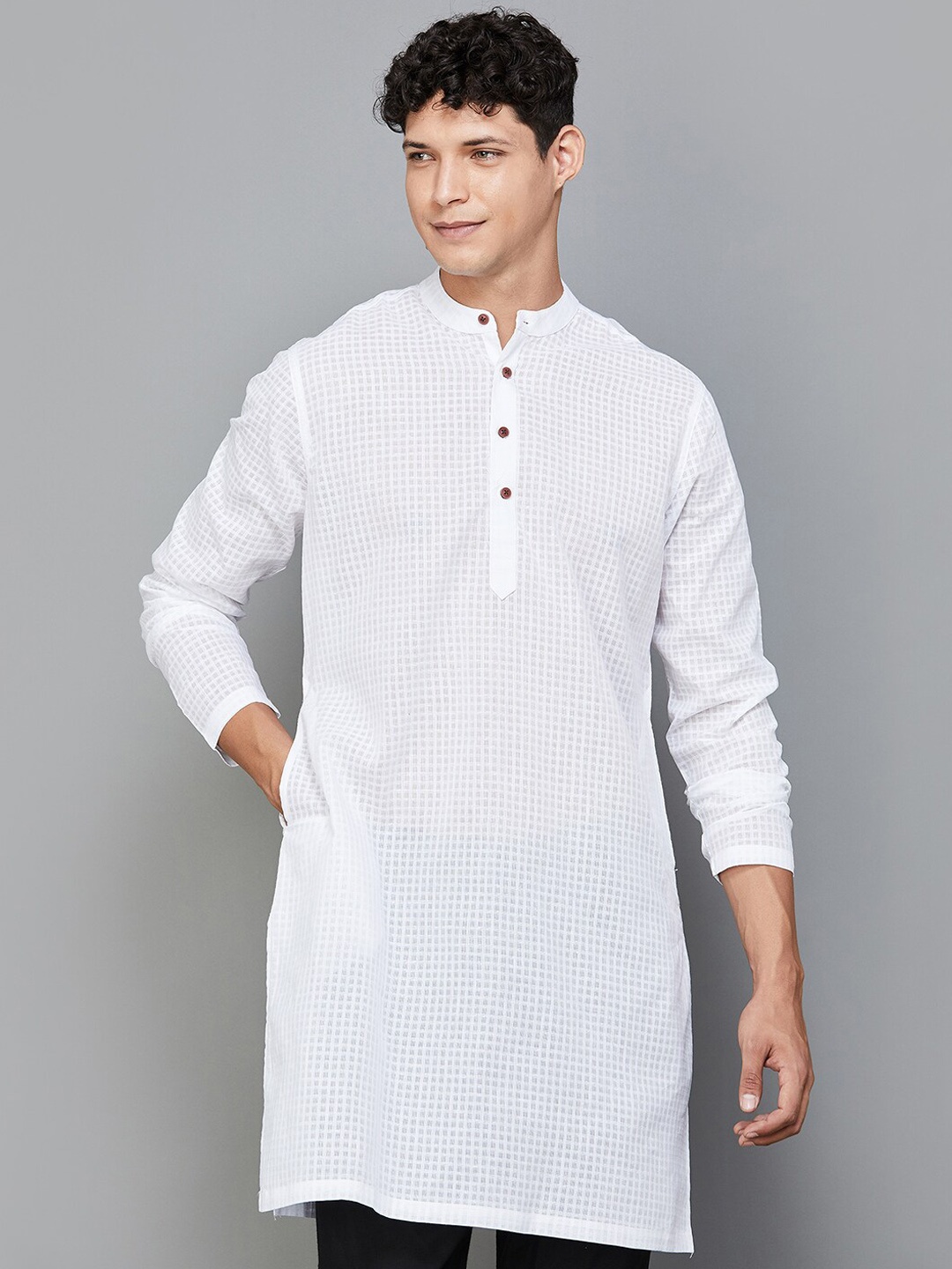 

Melange by Lifestyle Woven Design Band Collar Straight Cotton Kurta, White