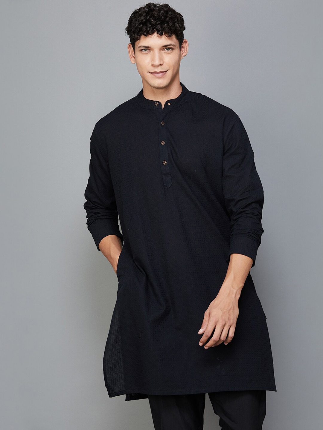 

Melange by Lifestyle Woven Design Band Collar Straight Cotton Kurta, Black