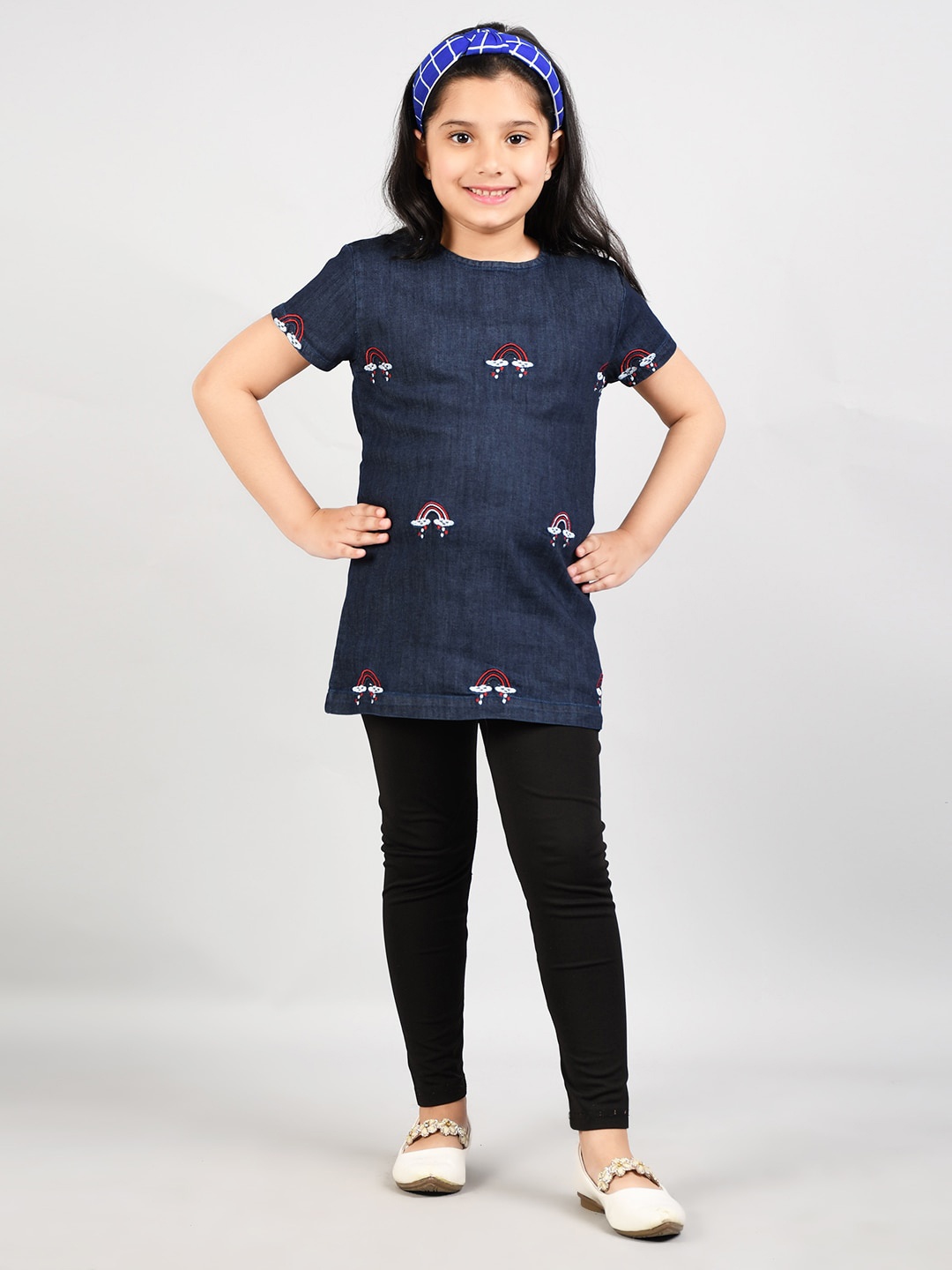 

VYN Girls Conversational Printed Denim Cotton Regular Top, Blue