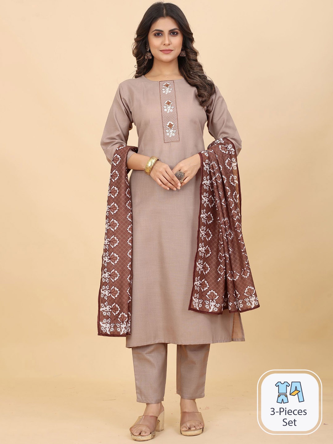 

KALINI Ethnic Motifs Embroidered Kurta with Trousers & Dupatta, Brown