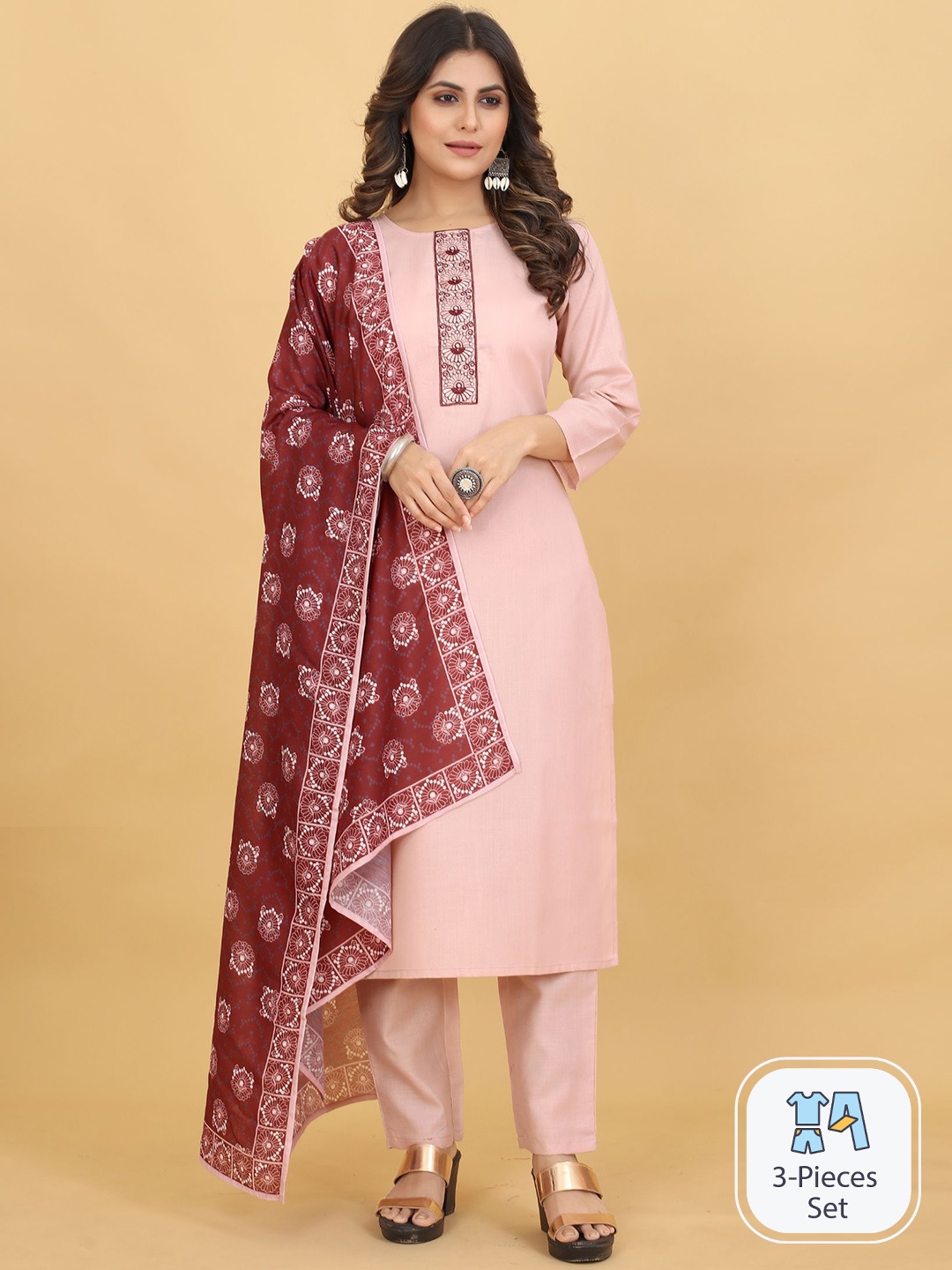 

KALINI Ethnic Motifs Yoke Design Kurta with Trousers & Dupatta, Pink