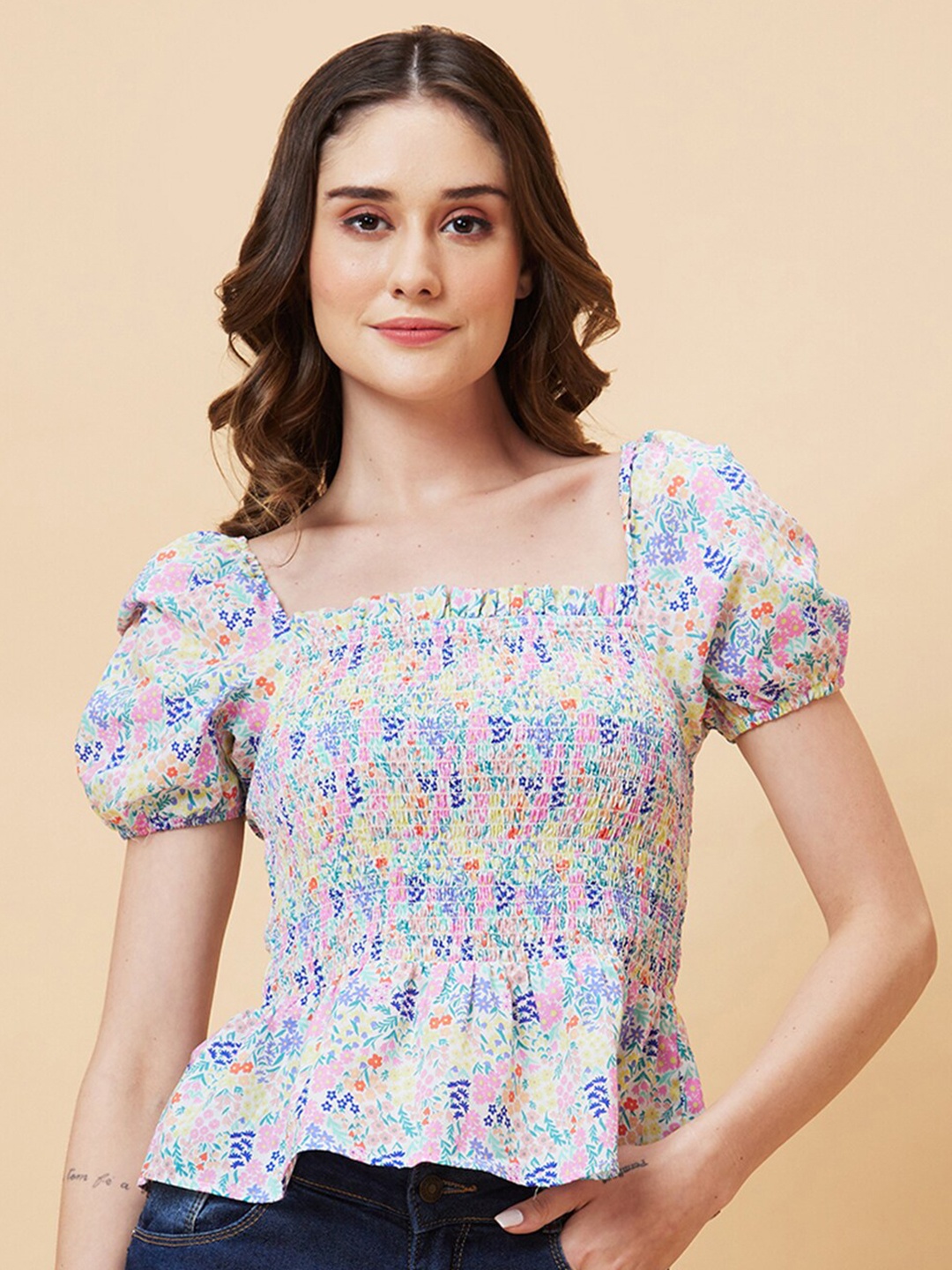 

Globus Floral Printed Puff Sleeve Smocking Peplum Top, Blue