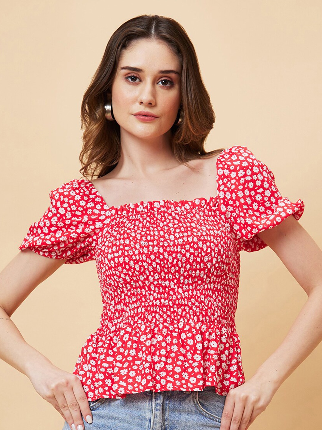 

Globus Floral Printed Smocked Peplum Top, Red