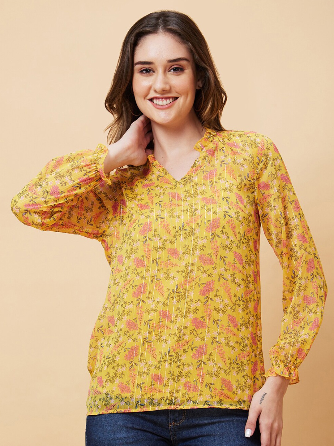 

Globus Floral Print Georgette Top, Yellow