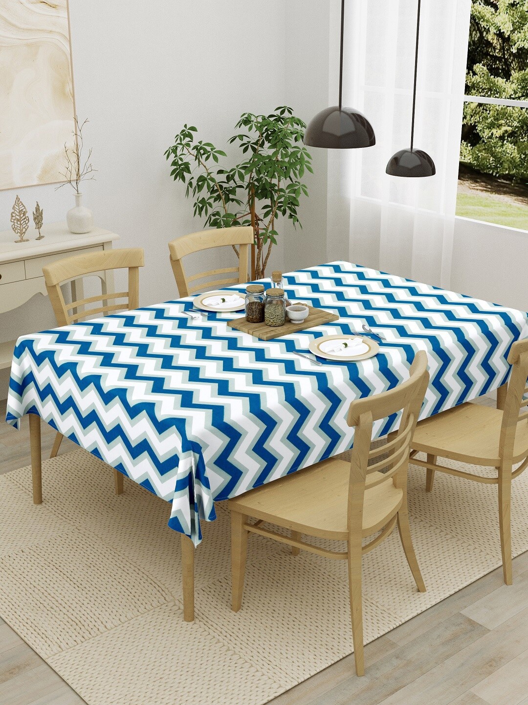 

HOMEMONDE White & Blue Printed Cotton 4-Seater Table Cover