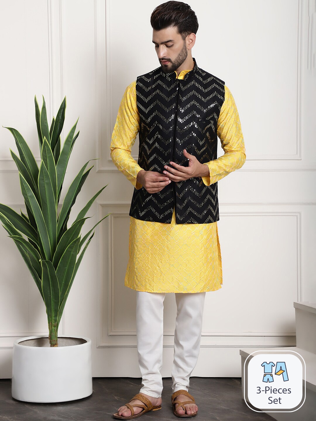 

SOJANYA Geometric Embroidered Thread Work Kurta With Churidar, Mustard