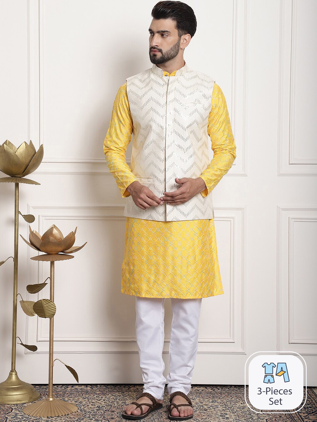 

SOJANYA Geometric Embroidered Kurta With Churidar, Mustard