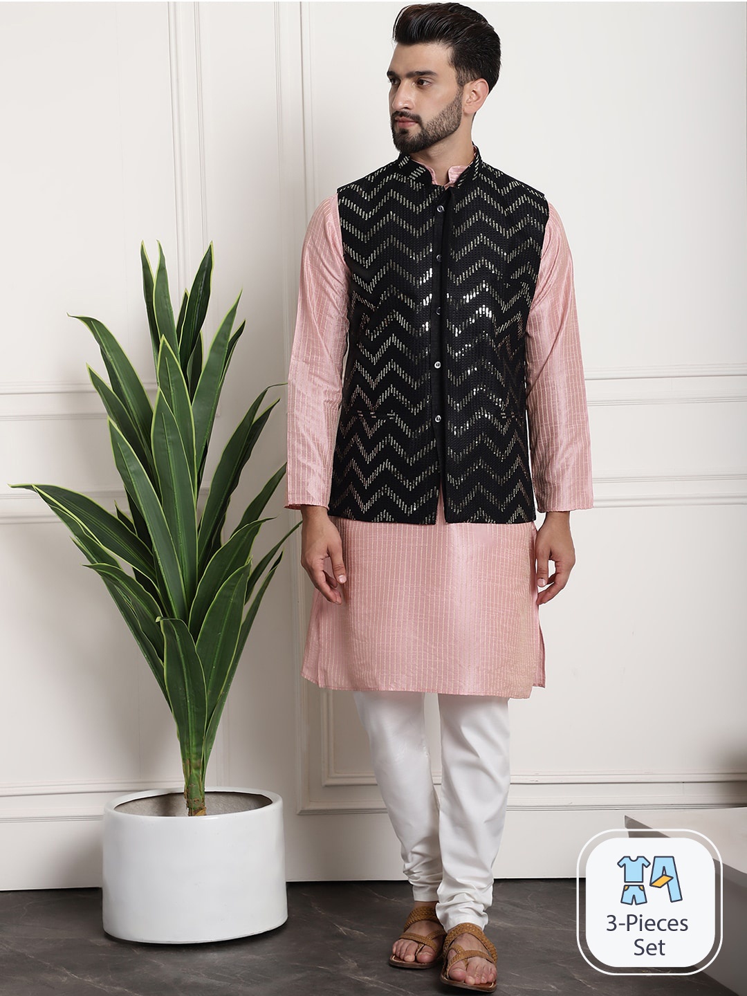 

SOJANYA Striped Regular Sequinned Kurta & Churidar With Nehru Jacket, Pink