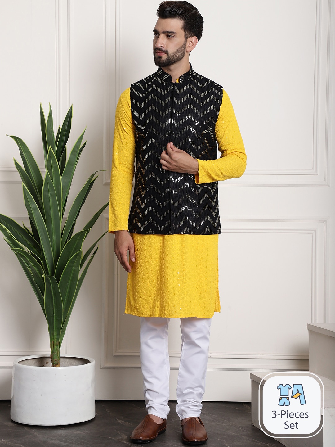 

SOJANYA Floral Sequinned Emnellished Pure Cotton Kurta & Churidar With Nehru Jacket, Mustard