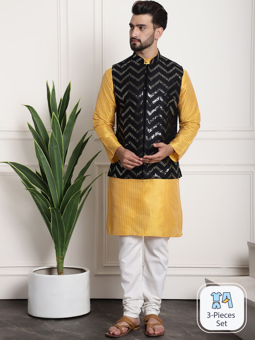 

SOJANYA Striped Regular Sequinned Kurta & Churidar With Nehru Jacket, Mustard